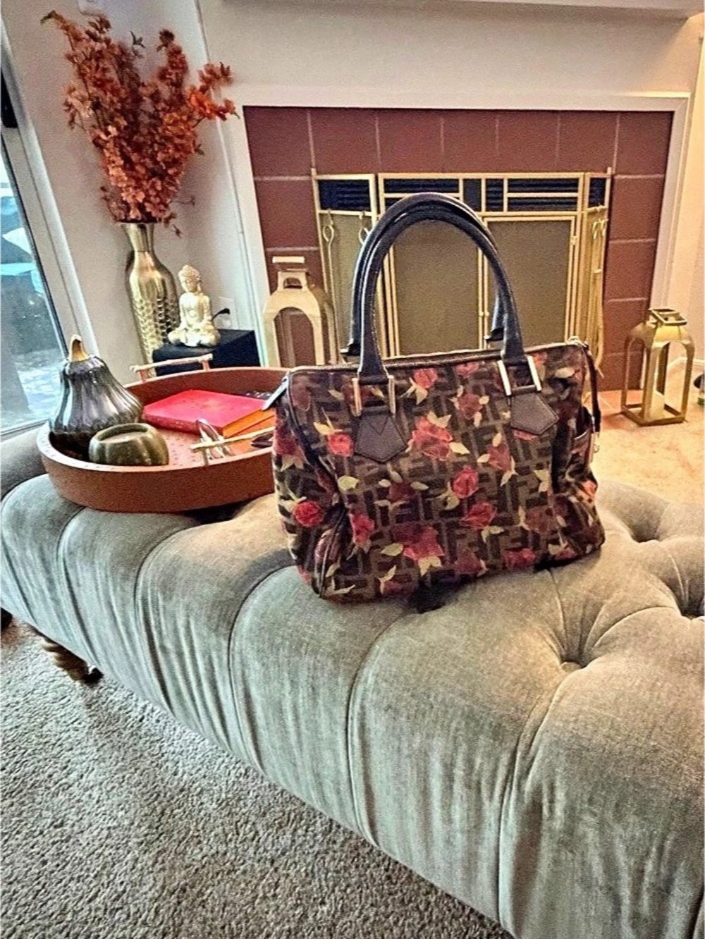 Fendi Baguette Floral Satchel in Brown & Red
